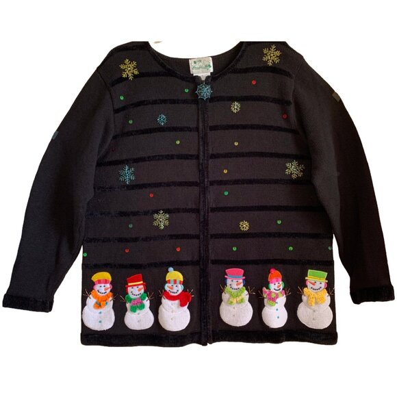 QUACKER FACTORY Womens' VINTAGE Black Snowman Holiday Zip Up Sweater 1X - Picture 1 of 5